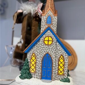 Charming Vintage  Holiday Ceramic Church with stained glass window lights